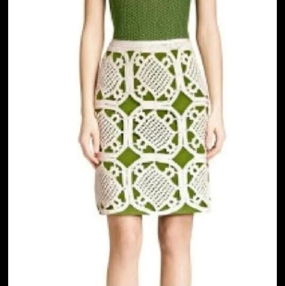 Tory Burch Green Crochet Cotton Summer A-Line Knee Skirt NWT Size Large